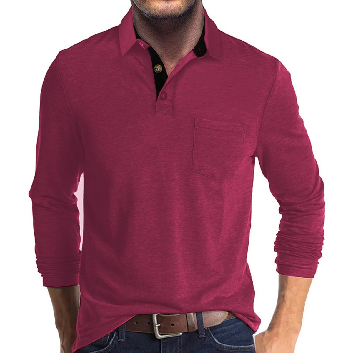 Men's Long Sleeve Polo Shirt - Classic Slim Fit Casual T-Shirt For Autumn & Winter, Breathable & Moisture-Wicking, Solid Color Workout Top_viptrois.com