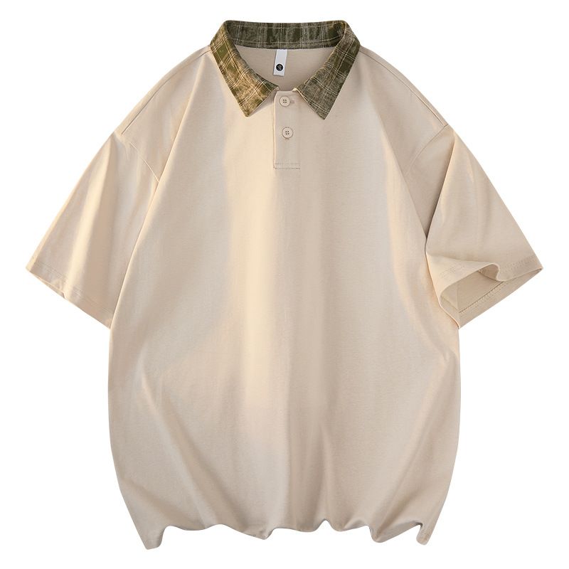 Men's American Style Short Sleeve T-Shirt Summer Collared Polo Heavyweight Preppy Color Block Loose Fitting Trendy Top_viptrois.com