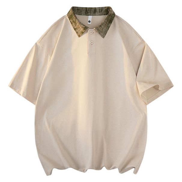 Men's American Style Short Sleeve T-Shirt Summer Collared Polo Heavyweight Preppy Color Block Loose Fitting Trendy Top_viptrois.com