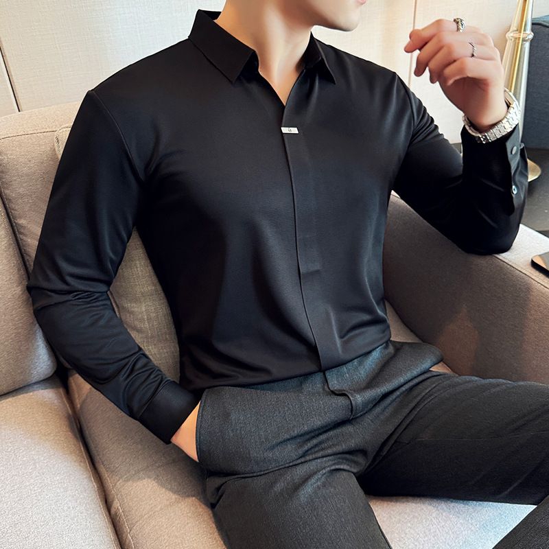 Men's Autumn V Neck Polo Shirt Long Sleeve Wrinkle Free Seamless Stretch T-Shirt Stylish Small Collar_viptrois.com