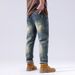 Spring And Summer American Yellow Mud Jeans Men's Heavy And Old Retro Washing Jeans Men's 3D Embossed Fat Jeans_viptrois.com