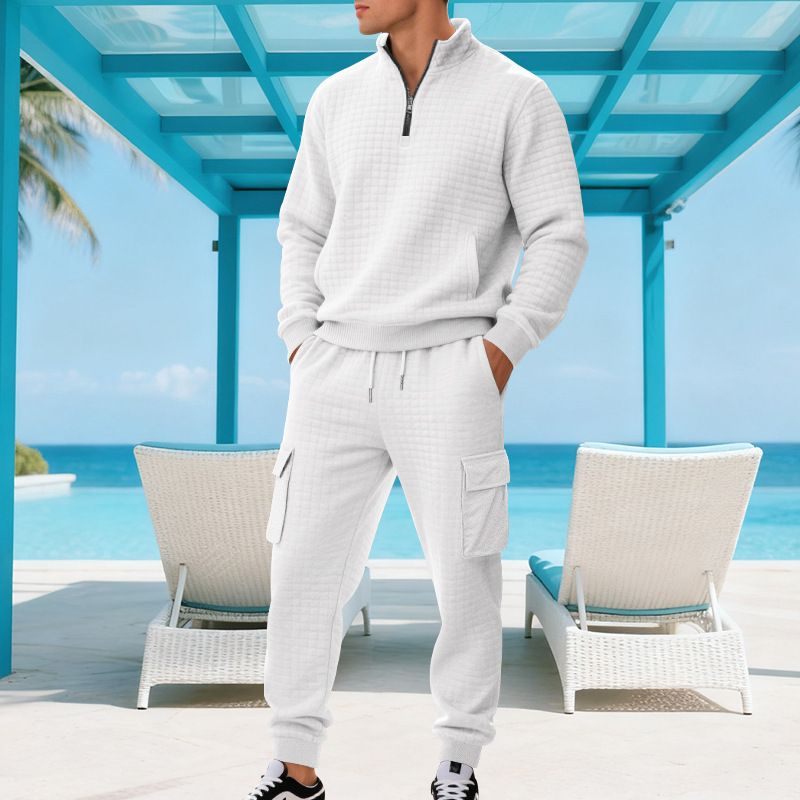 Men's Heavyweight Jacquard Check Stand Collar Casual Work Pants Autumn Winter Outdoor Sweatshirt Set Loose Fit_viptrois.com