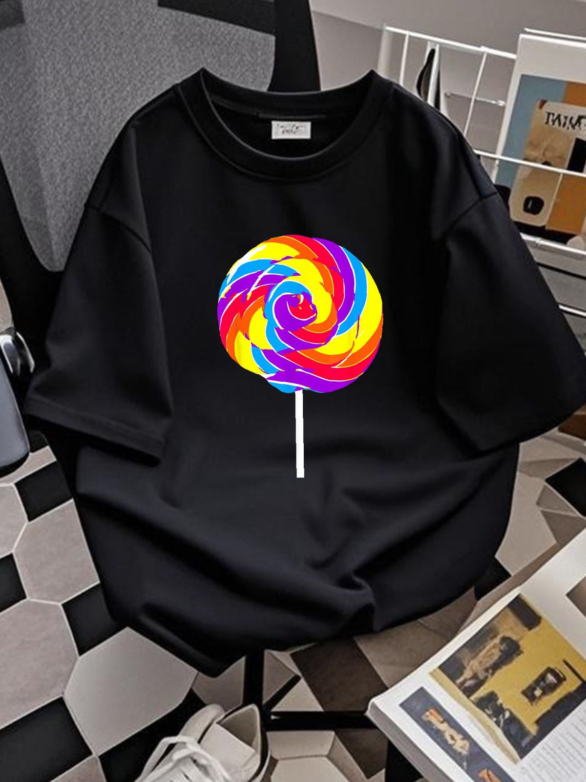 Lollipop Costume Halloween Rainbow Sucker Candy Birthday T-Shirt Top For Everyday Wear Unisex Slightly Soft Stretched Fashion Women Top Graphic Tees Graphic Breathable Casual Comfortable Women Print Round Neck Short Sleeve Stylish Versatile_viptrois.com