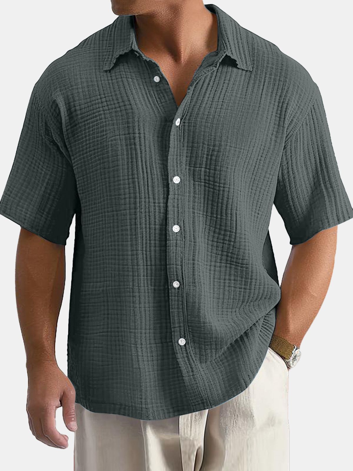 Men's Loose Casual Cotton Shirt Summer New American Style Short Sleeved Top For Men_viptrois.com
