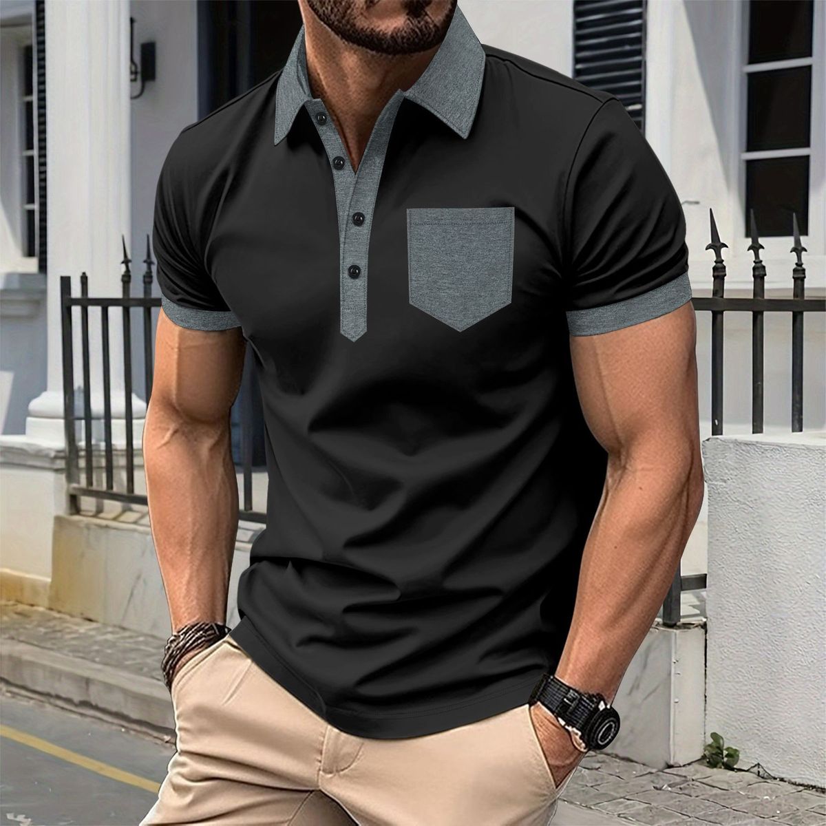 Casual Patchwork Mens Polo Shirts Vintage Buttoned Polo Collar T-shirt For Men Spring Summer Vintage Contrast Color Pullover Top_viptrois.com