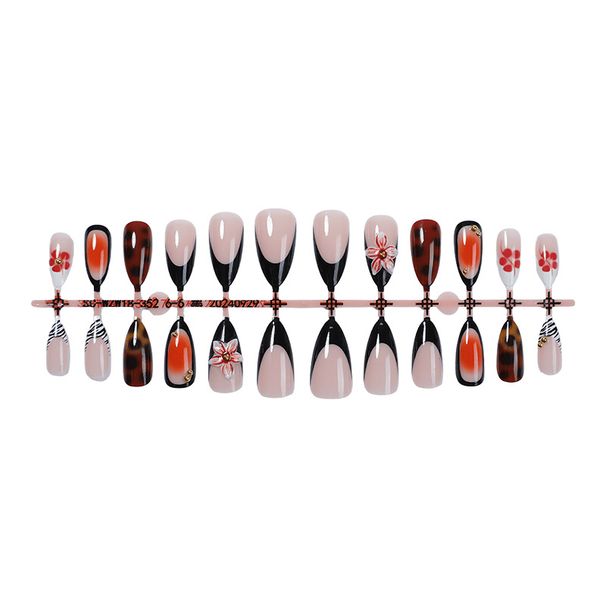 Wearable Nail Tips Semi Handmade Flower Leopard Print False Nail Patches Removable Almond Shaped Nail Tips To Wear_viptrois.com