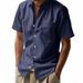 Men's Clothing Solid Color Linen Lapel Short Sleeved Shirt Loose Casual Pocket Shirt_viptrois.com