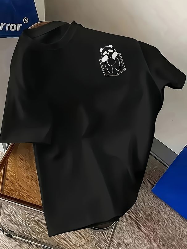 Maglietta Uomo 180g Cotone Girocollo Stampa Panda Tasca, Leggera Traspirante Comoda Per L'estate E Uso Quotidiano_viptrois.com