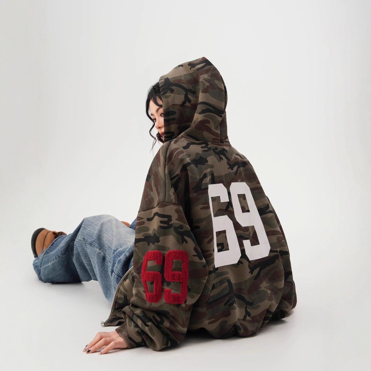 Camo Zip Hoodie – Unisex Vintage Streetwear Pullover With Contrast Stitching (M-3XL, Army Green/Blue)_viptrois.com