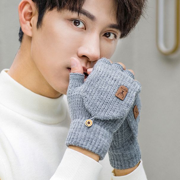Men's Autumn Winter Half Finger Flip Gloves Knitted Wool Fingerless Student Writing Warm Office Korean Simple Style_viptrois.com
