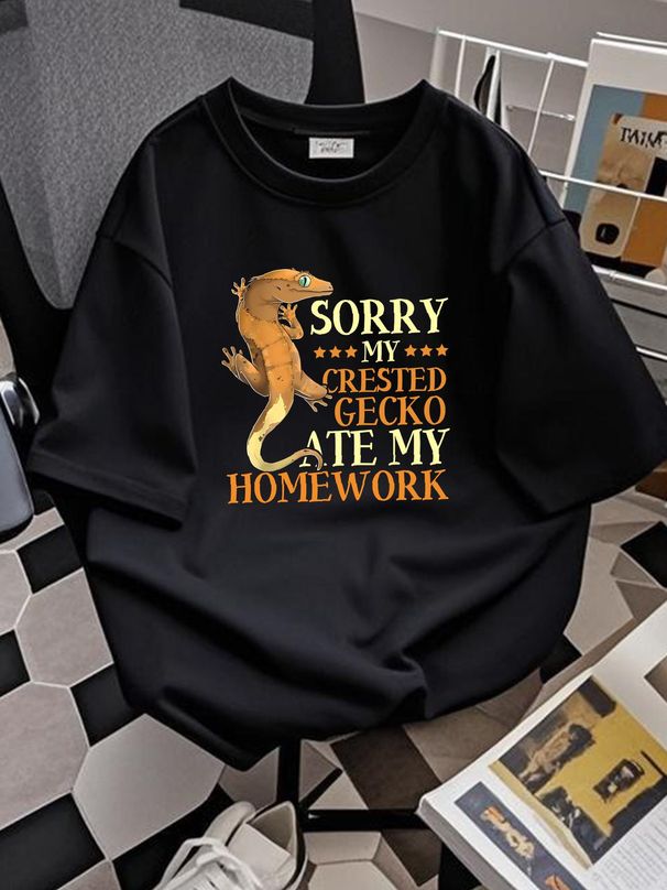 crested Gecko Ate My Homework T Shirt Streetwear Slightly Comfortable Homme Unisex Stylish Breathable Graphic Versatile Top For Everyday Wear_viptrois.com