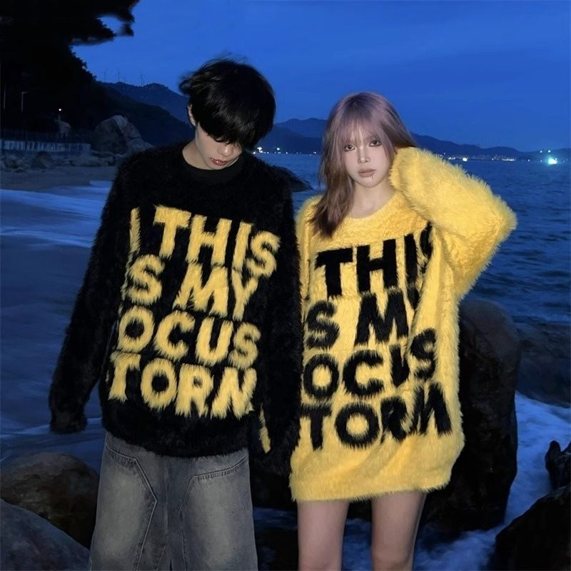 Autumn And Winter Loose Casual Lazy Style Knitted Sweater Jacket Letter Sweater_viptrois.com