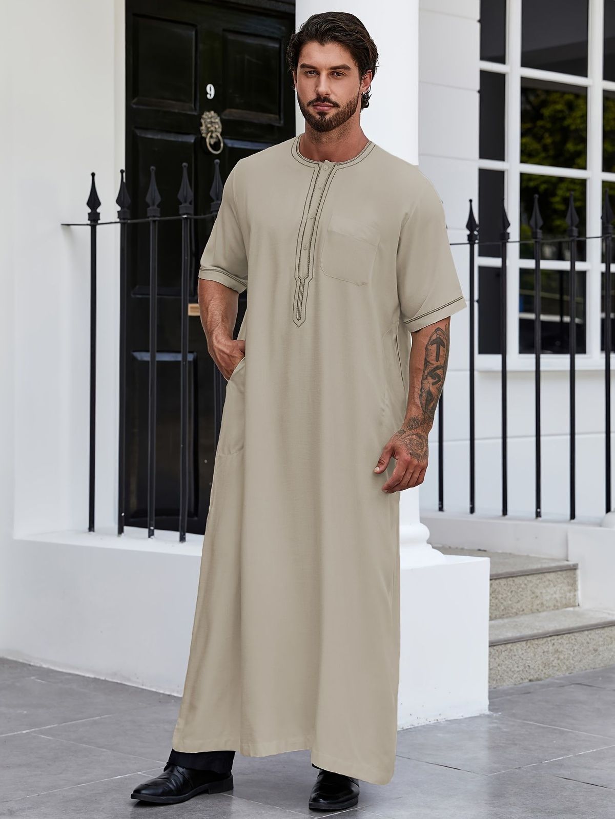 Men's Clothing Turkish Men's Robe Solid Color Loose Button Shirt Men's Robe Thobe_viptrois.com