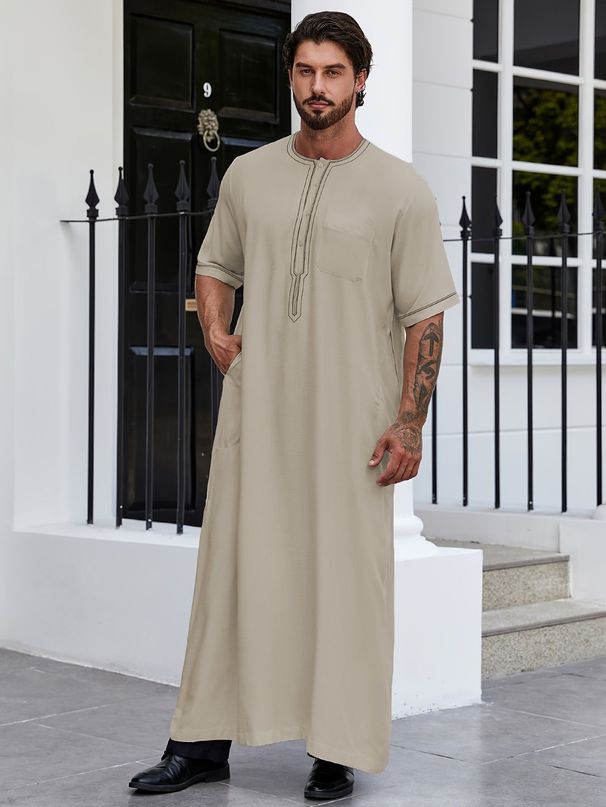 Men's Clothing Turkish Men's Robe Solid Color Loose Button Shirt Men's Robe Thobe_viptrois.com