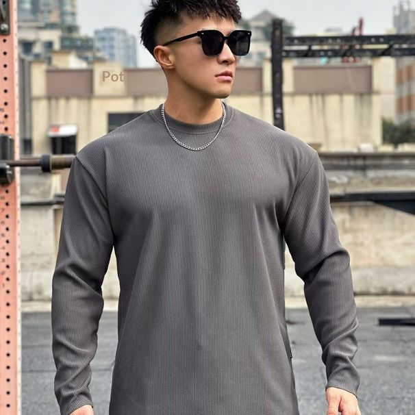 Pulse American Style Sports Long Sleeve Men's T-Shirt Spring Autumn Wide Shoulder Muscle Quick-Dry Ribbed Anti-Wrinkle Running_viptrois.com