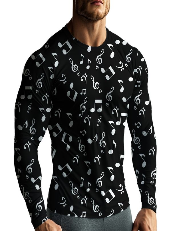 Men's Black And White Musical Note Print Long-sleeve T-shirt, Round Neck, Slim Fit, Versatile Casual Style_viptrois.com