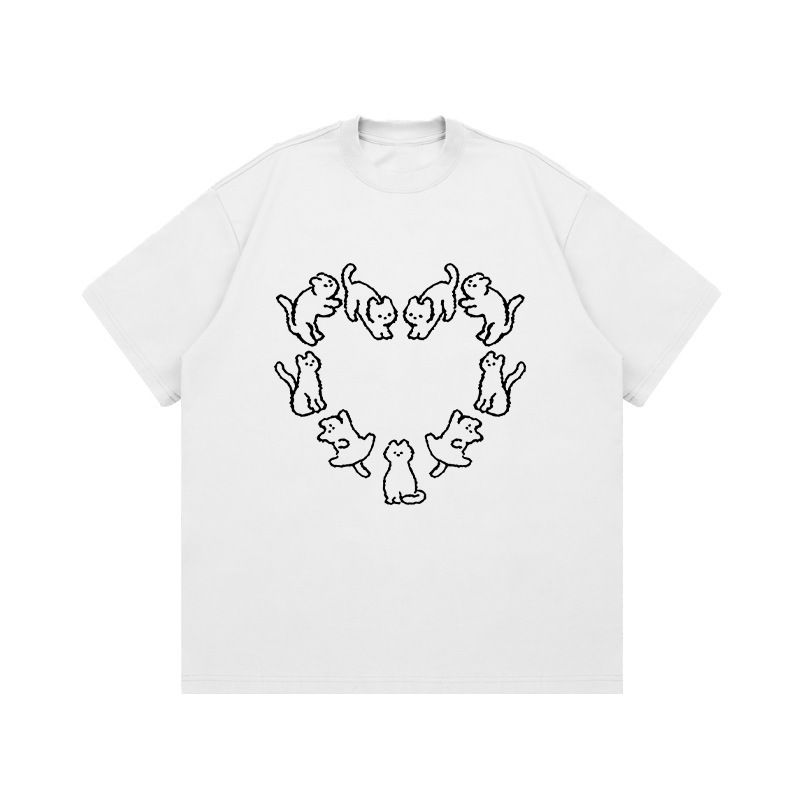 Tide Brand American Small Neckline Love Cat Print Loose Men's And Women's Same Casual Summer Short Sleeves_viptrois.com