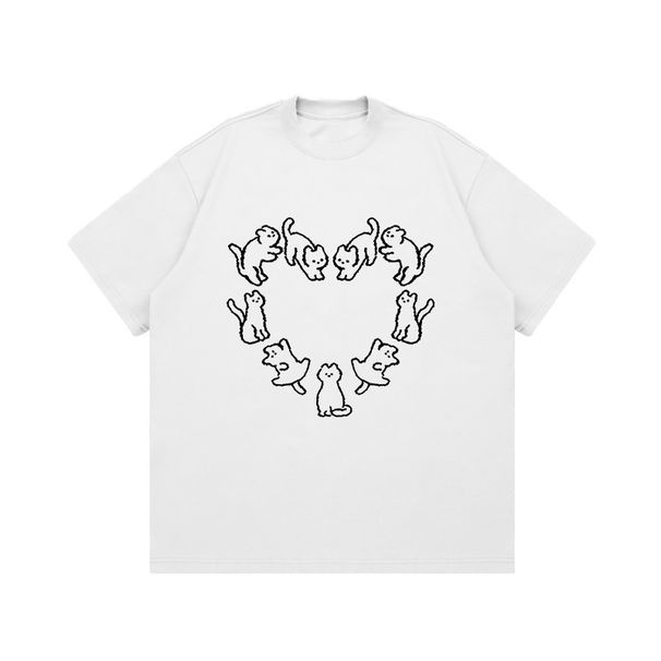 Tide Brand American Small Neckline Love Cat Print Loose Men's And Women's Same Casual Summer Short Sleeves_viptrois.com