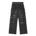 Functional multi-pocket cargo jeans for men, trendy punk washed holes, niche loose straight wide-leg trousers_viptrois.com