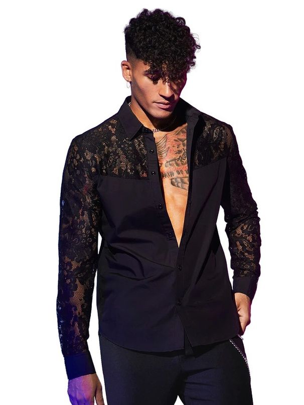 Men’s Clothing Men's New Lace Splicing Long Sleeve Shirt Sexy Fashion Personality Tops_viptrois.com