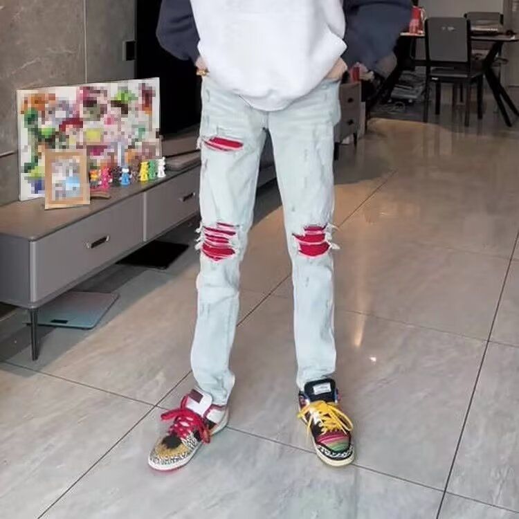 Streetwear Washed Distressed Jeans For Men & Women | High Waist Straight Leg Denim Pants | Hip Hop Casual Trousers In Yellow Ochre & Blue_viptrois.com
