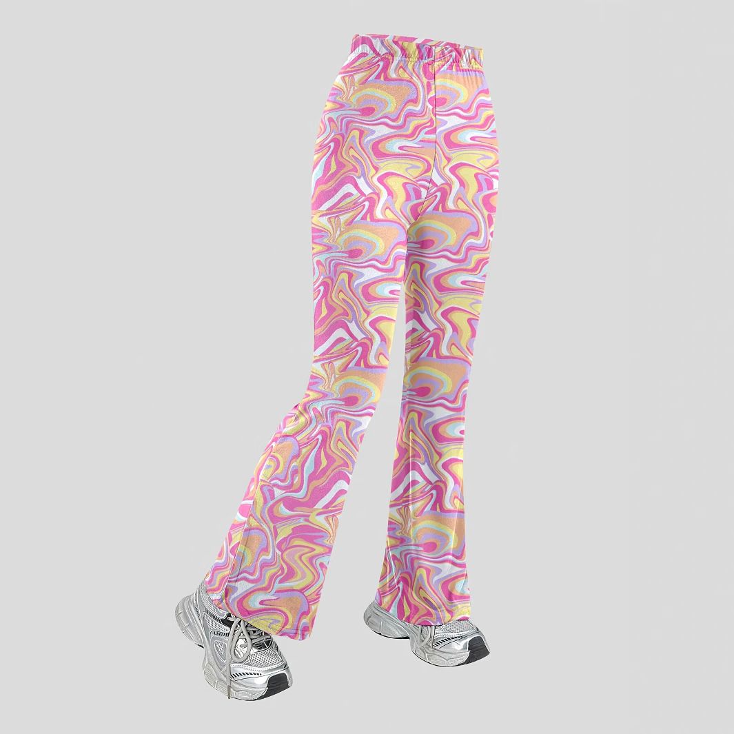 Mother & Kids INS Girl Streetwear Sports Knitted High Waist Marble Print Flared Pants_viptrois.com