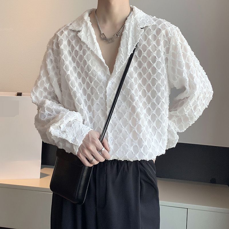 Early Autumn Light Mature Abstinence Niche Design Hollow Long Sleeved Shirt Men's Korean Version Of The Handsome Drape Very Fairy Hairstylist Shirt_viptrois.com