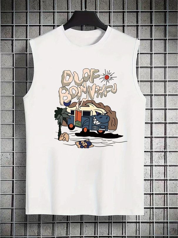 100% Pure Cotton Men's Summer Leisure Sports Fitness Loose Cartoon Car Pattern Printed Breathable Round Neck Sleeveless Vest_viptrois.com