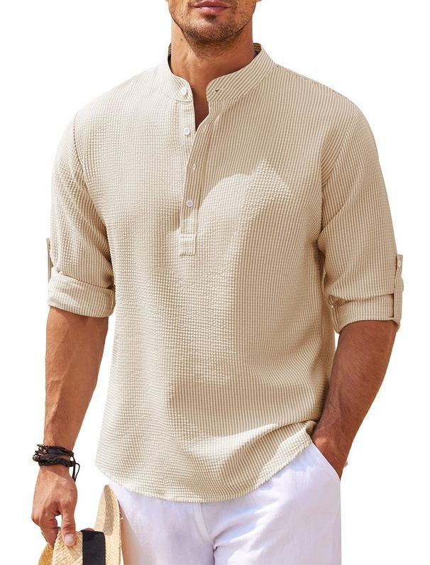 2027 Fashion European-USA Style Top Tee Men Stand Collar Half Button Plaid Jacquard Long Sleeve Casual T-Shirt S-3XL_viptrois.com