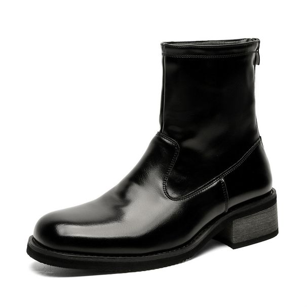 Retro Tooling Boots Square Head Thick Sole Heightened Rear Zipper Thick Heel Thin Boots Short Boots_viptrois.com