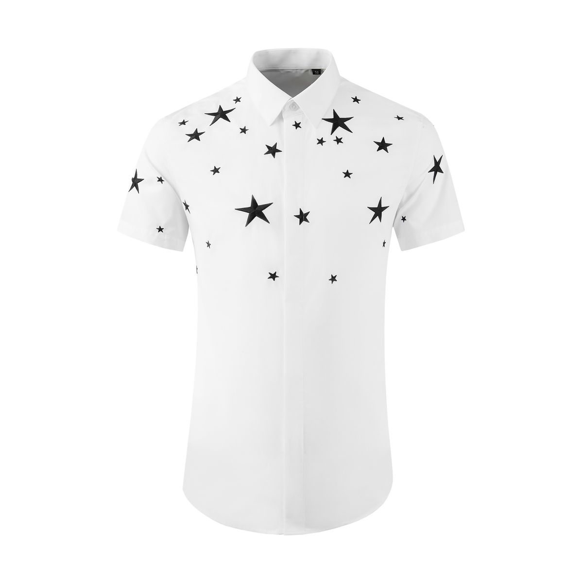 Men's Short-Sleeve Shirt – 3D Star Embroidery, Breathable Cotton, Slim Fit (White/Black)_viptrois.com