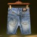 Men's Clothing Ripped Denim Shorts Trendy Retro Blue Distressed Straight Shorts Elastic Slim Fit Mended Shorts_viptrois.com