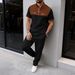 Men's Large Checkered Color Block T-Shirt And Trousers Set Casual Sportswear Half Zip Short Sleeved_viptrois.com