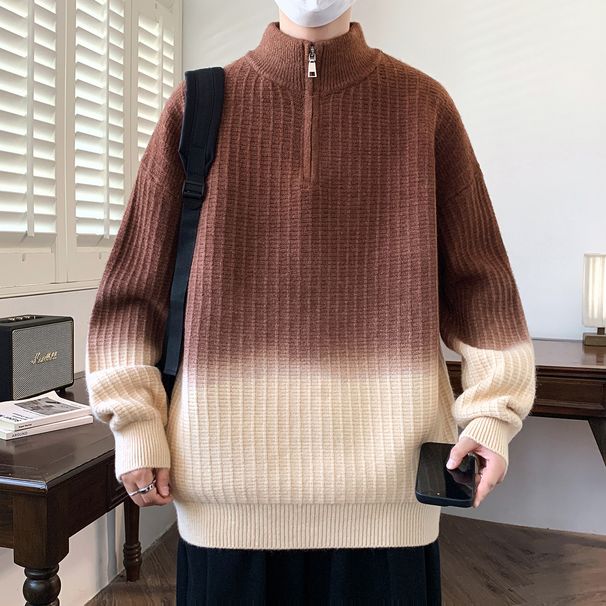 Men's Stand Collar Gradient Knit Sweater – Thickened Winter Pullover For Teens & Young Adults (Grey/Green/Violet/Brown, M-4XL)_viptrois.com
