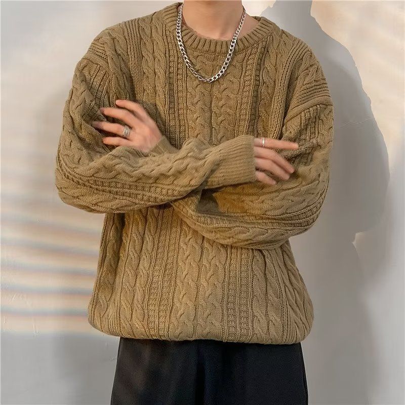 Men's Clothing Retro Twisted Sweater Ins Trendy Autumn And Winter Solid Color Knitted Sweater Loose Casual Bottoming Sweater_viptrois.com