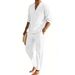 Men's Linen Hawaiian Shirt And Drawstring Pants Set | Breathable Long Sleeve Henley & Straight Leg Outfit For Resort Vacation_viptrois.com