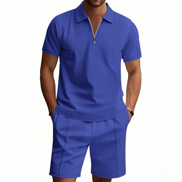 Men's Clothing Summer Men's Simple Casual Loose Zipper Short Sleeved Polo Shirt Beach Shorts Suit_viptrois.com