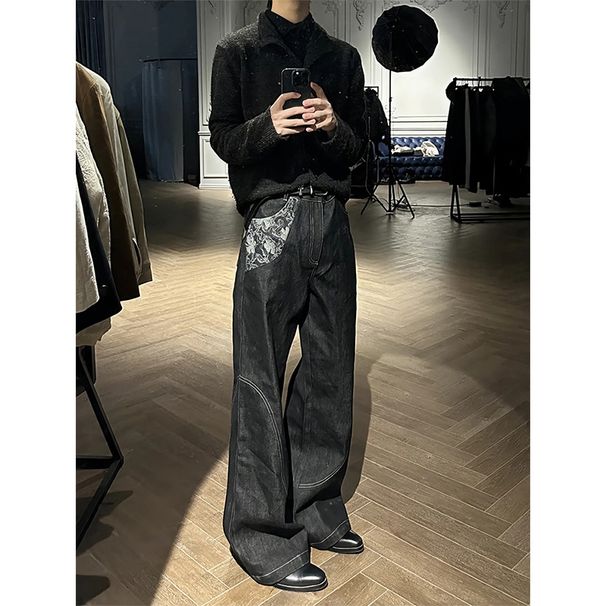 Snake Track Original Denim Narrow Selvedge Burnt Flower Flared Jeans Men's American Retro Jacquard Patchwork Pants Straight Trousers_viptrois.com
