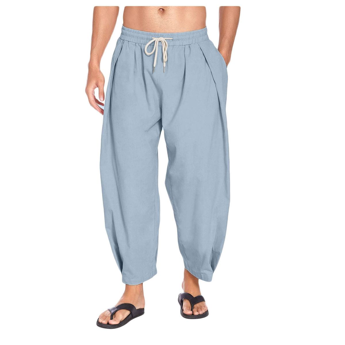 Men's Cotton And Linen Harem Pants, Drawstring Casual Capri Pants, Light And Loose Beach Yoga Pants_viptrois.com
