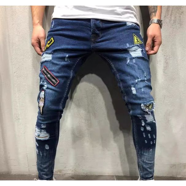 Monochrome Man- European And American Hot-Selling Hip-Hop High-End Ripped Skinny New Men's Badge Slim Fit Jeans_viptrois.com