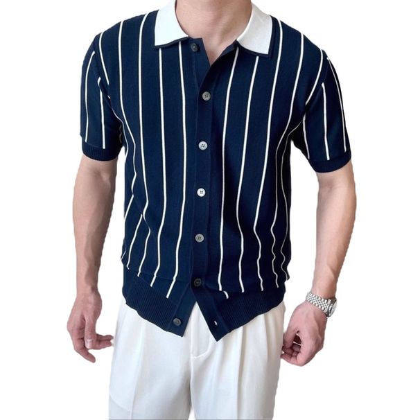 Men's Slim Fit Polo Shirt Short Sleeve Knit Business Casual Stripe Breathable Summer T-Shirt (Black/White, Sizes S-2XL)_viptrois.com