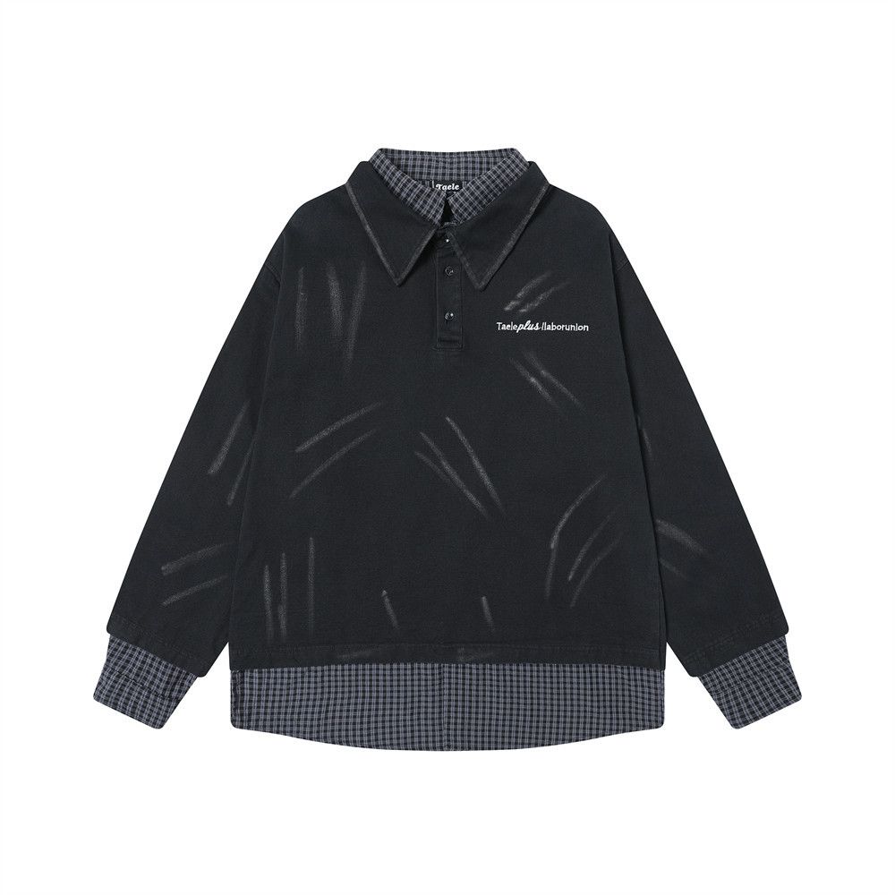 Two-Piece Plaid Patchwork Sweatshirt Niche Paint Splatter Double Layer Turn-Down Collar Pullover Long Sleeve Shirt_viptrois.com