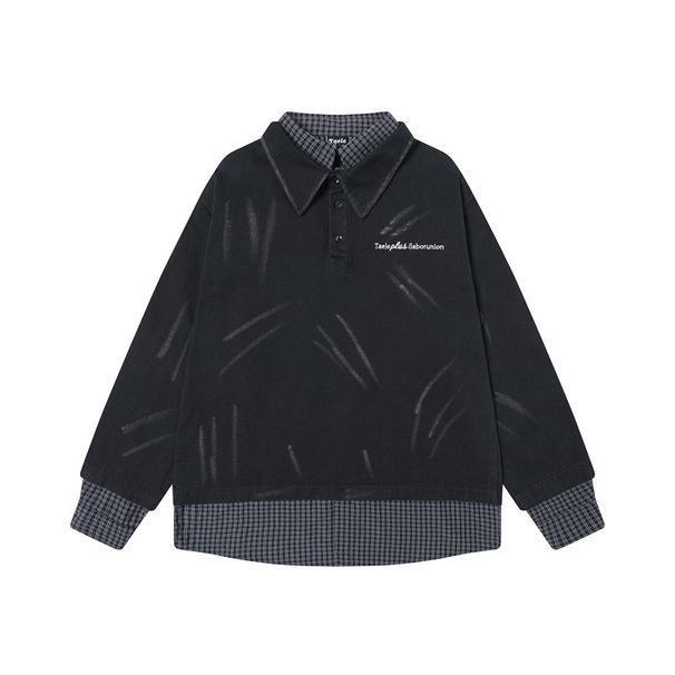 Two-Piece Plaid Patchwork Sweatshirt Niche Paint Splatter Double Layer Turn-Down Collar Pullover Long Sleeve Shirt_viptrois.com