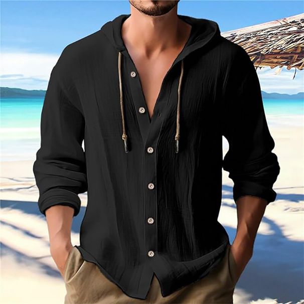 Men's Clothing Solid Color Casual Long Sleeved Shirt Hooded Drawstring Cotton And Linen Cardigan Trendy All Match Loose Beach T Shirt_viptrois.com