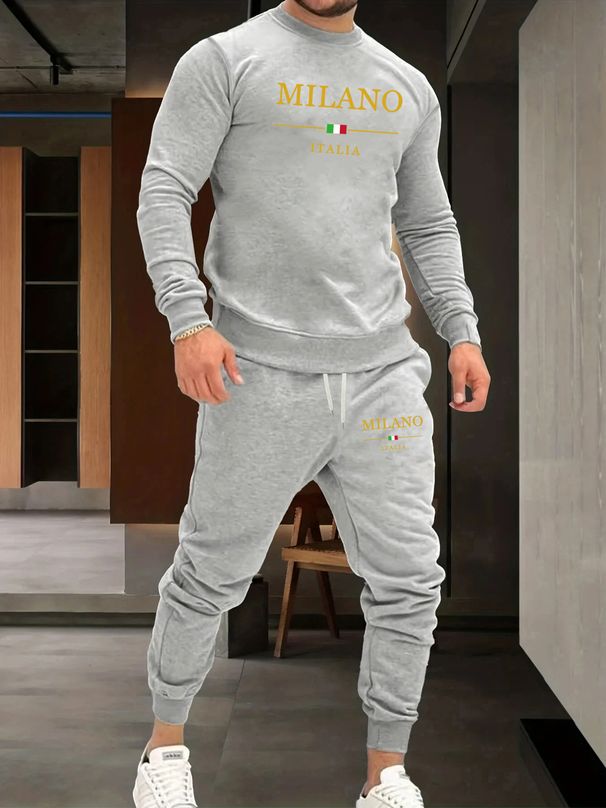 Men's Autumn And Winter Casual Warm MILANO ITALIA Pattern Printed Loose Thick Velvet Round Neck Sports Shirt+sports Pants Set_viptrois.com