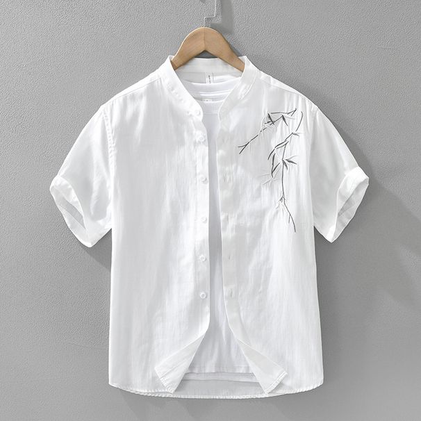 Embroidered Short Sleeved Shirt, Fashionable And Versatile, Artistic And Casual, Loose Standing Collar Top_viptrois.com