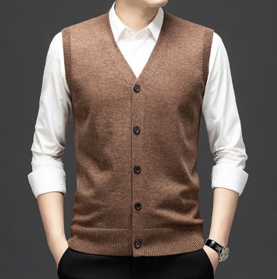 Men's Casual V-neck Jacquard Knitted Pullover With No Sleeves, Multi-color Sweater, Mid-calf Length Blouse For Young Adults_viptrois.com