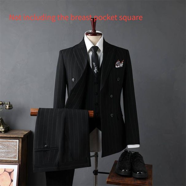 Men's Slim Fit Double Breasted Suit Set - Wedding Groom Blazer & Pants With Peak Lapel, Business Formal & Casual Wear (Black/Navy)_viptrois.com