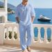 Linen Men's Casual Loose Fitting Two Piece Set Spring Autumn Simple Polo Shirt And Pants_viptrois.com