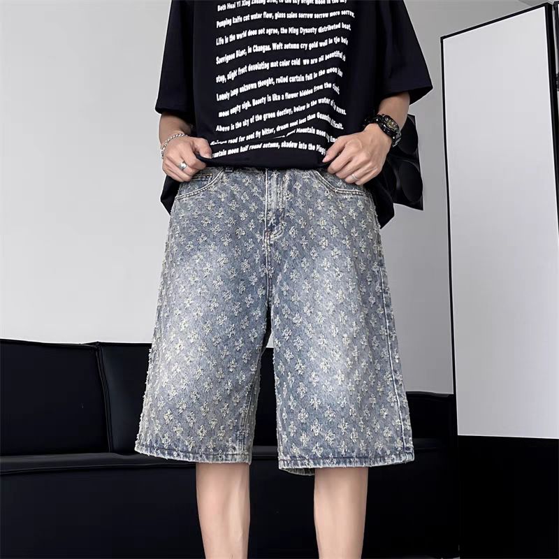 Summer New Style Men's Denim Shorts American Retro Versatile Simple Loose Straight Leg Wide Leg Slimming Casual_viptrois.com